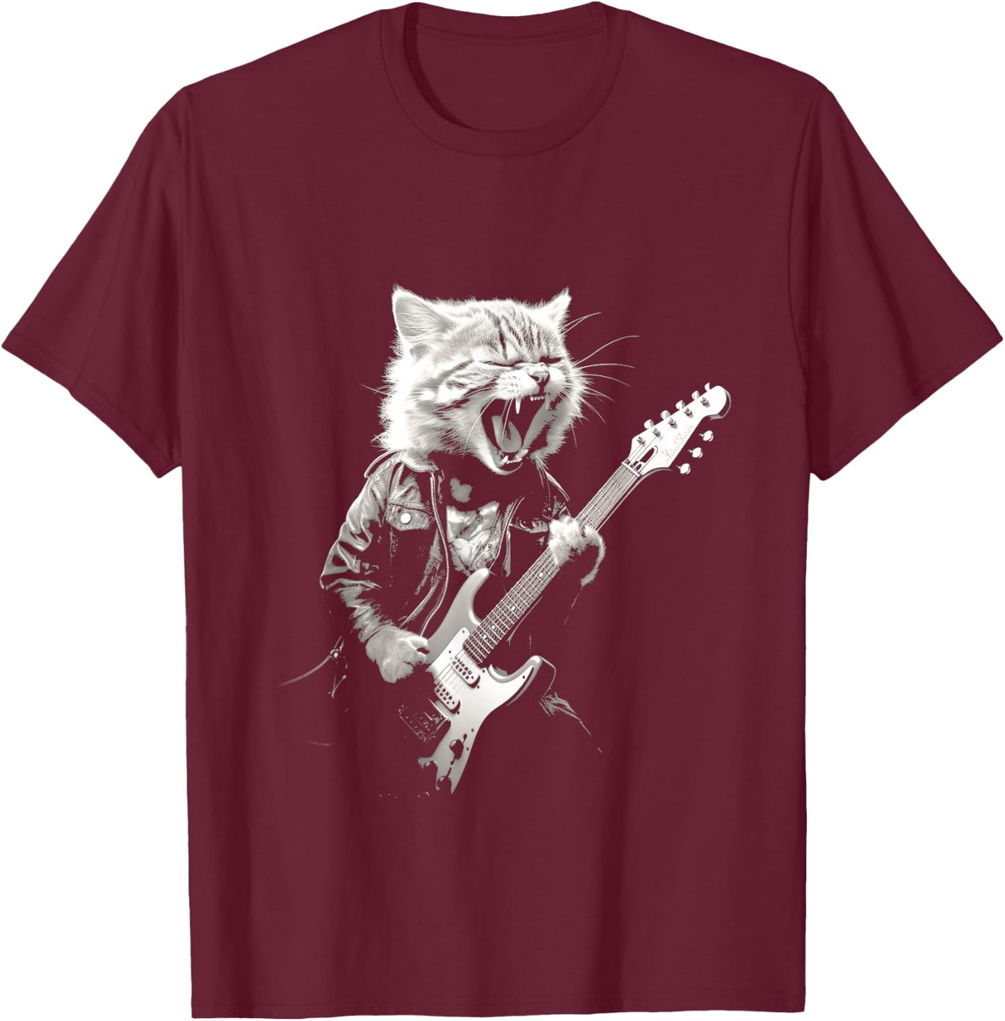 Rock Cat Playing Guitar Funny Guitar Cat Design T-Shirt - T-Shirt | Maroon