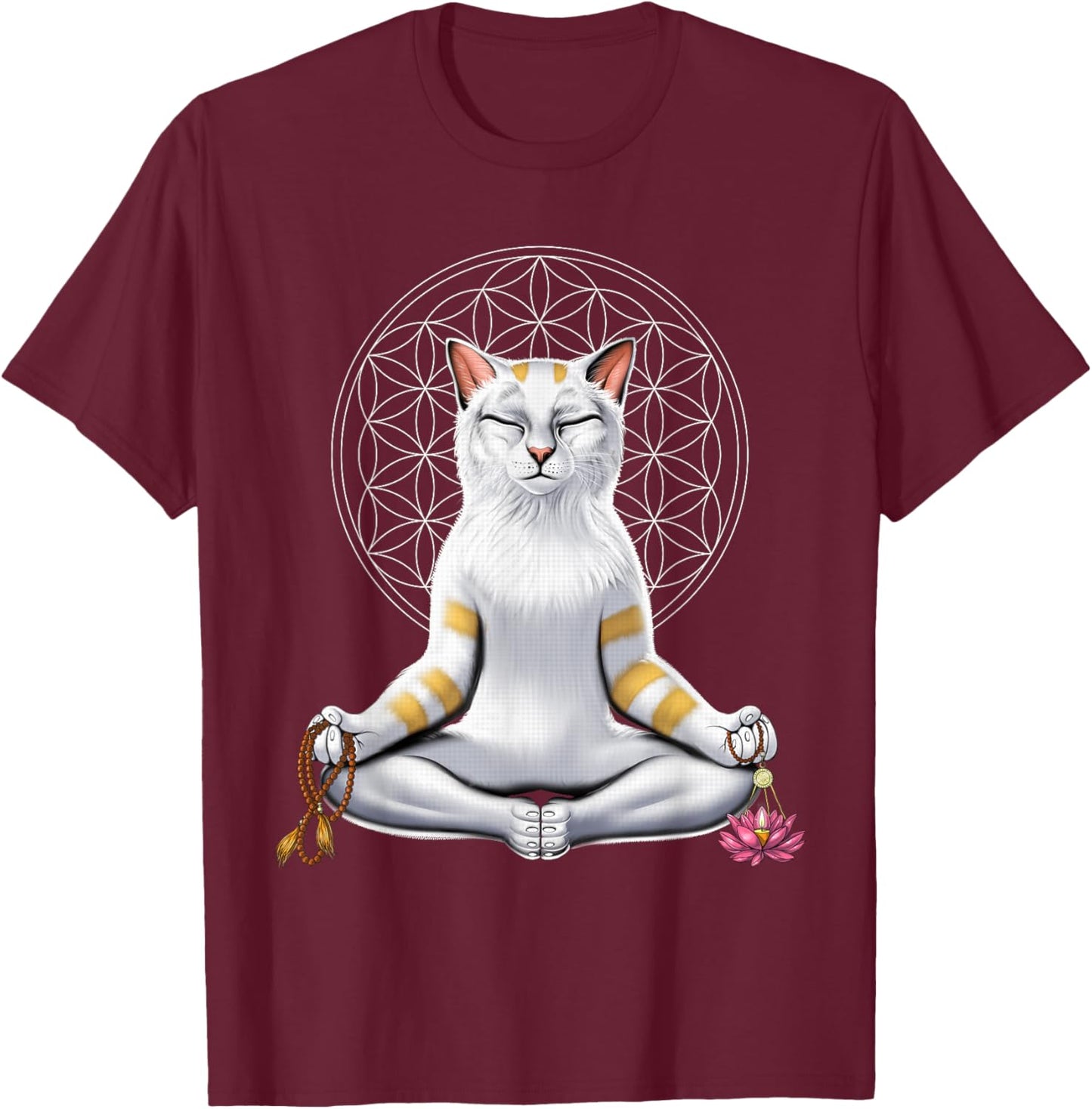 Cat Yoga Meditation Spiritual Zen Flower Of Life Men Women Kids T-Shirt - T-Shirt | Maroon