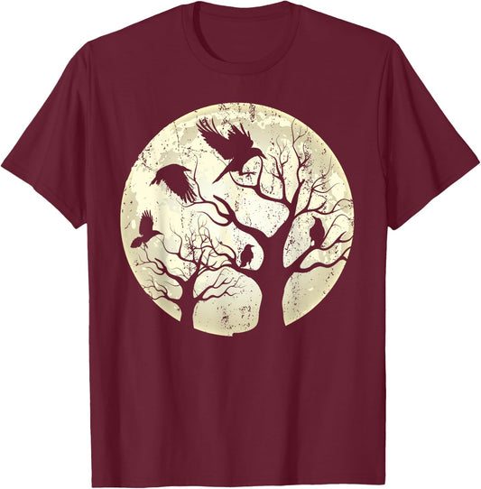 Gothic Animal Forest Bird Raven Creepy Night Moonlight Crow T-Shirt - T-Shirt | Maroon