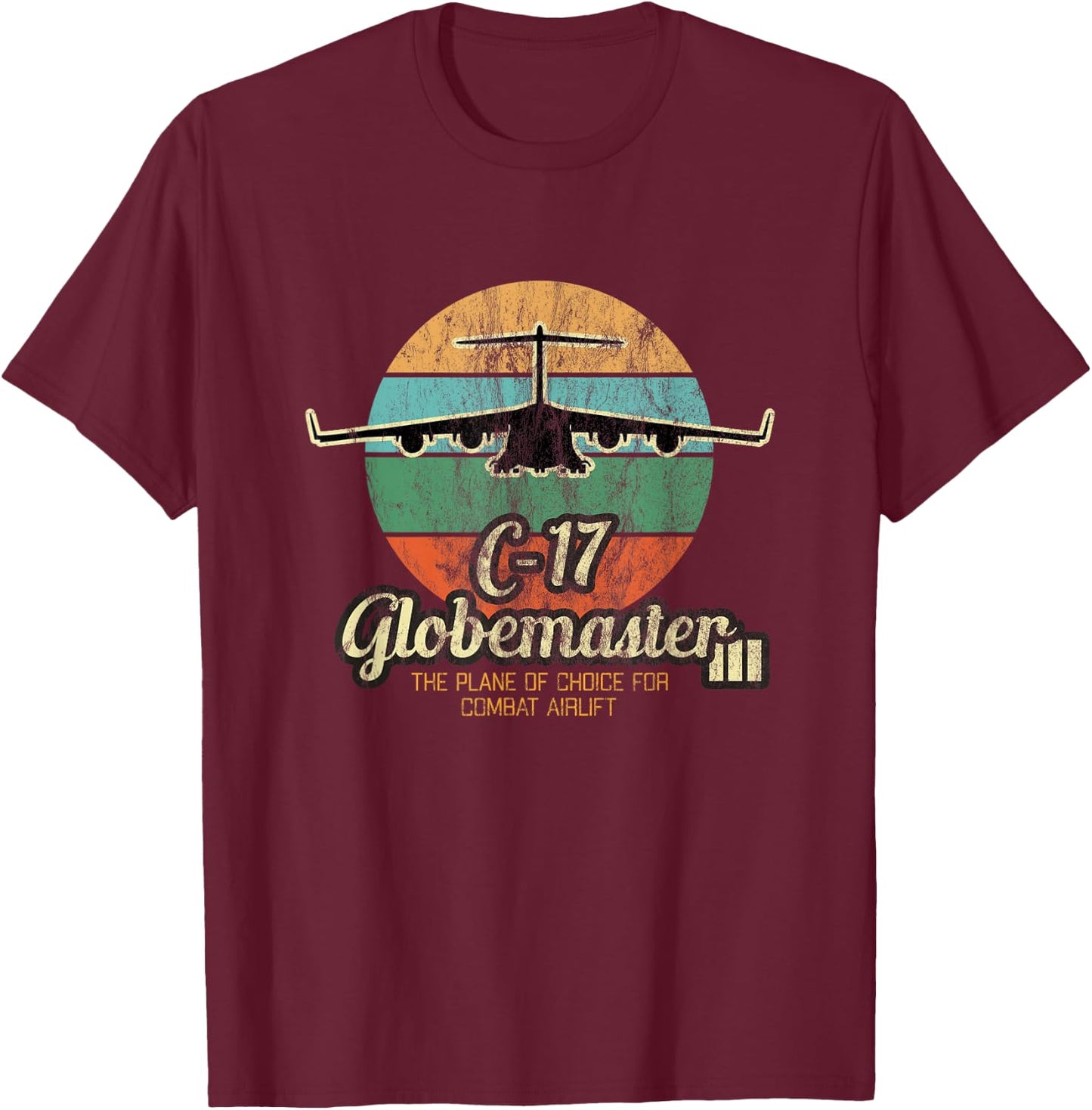 Globemaster III Vintage Sunset Combat Airlift Cargo Airplane T-Shirt - T-Shirt | Maroon