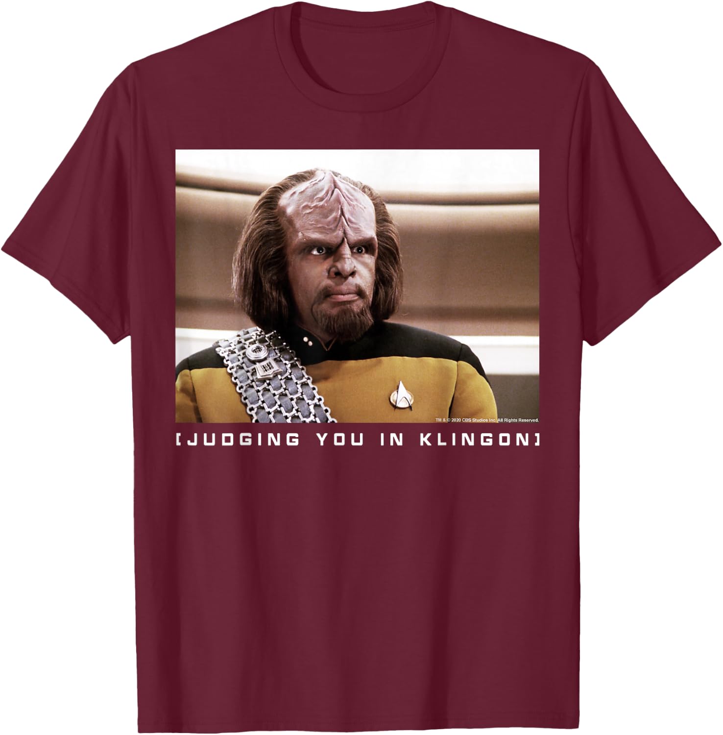 Star Trek: The Next Generation Worf Judging You in Klingon T-Shirt - T-Shirt | Maroon