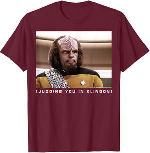 Star Trek: The Next Generation Worf Judging You in Klingon T-Shirt - T-Shirt | Maroon