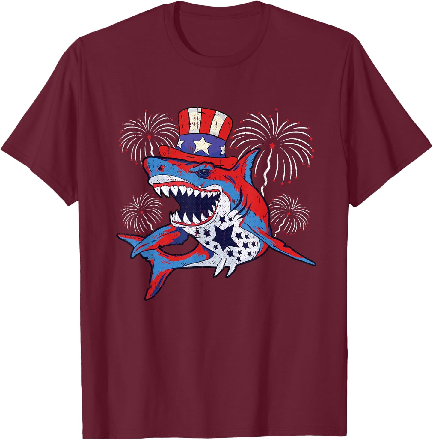 Shark American Flag 4th Of July Jawsome Patriotic Animal T-Shirt - T-Shirt | Maroon