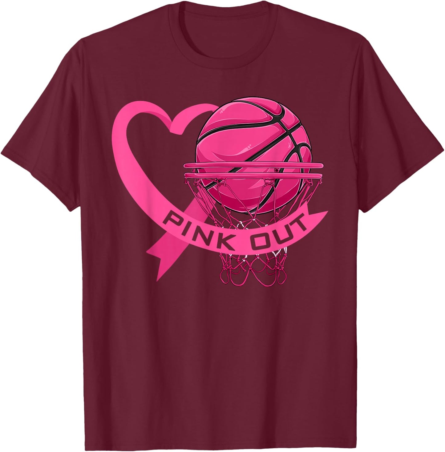 Pink Out Breast Cancer Pink Ribbon Heart & Basketball Ball T-Shirt - T-Shirt | Maroon