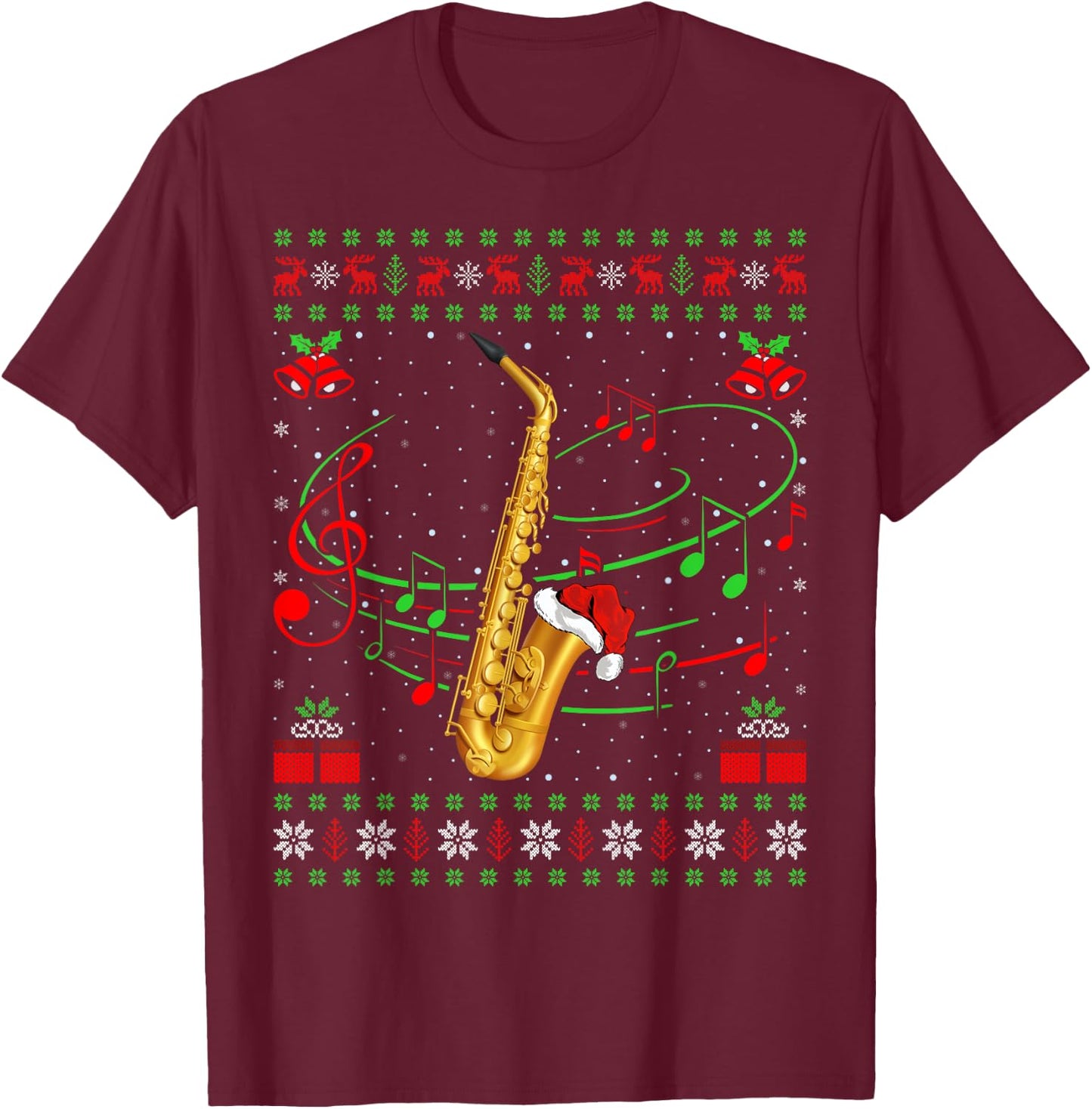 Saxophone Music Lover Xmas Gift Ugly Saxophone Christmas T-Shirt - T-Shirt | Maroon
