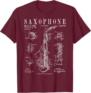 Saxophone Old Vintage Patent Drawing Print T-Shirt - T-Shirt | Maroon