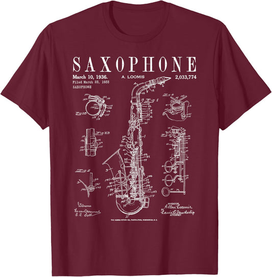 Saxophone Old Vintage Patent Drawing Print T-Shirt - T-Shirt | Maroon
