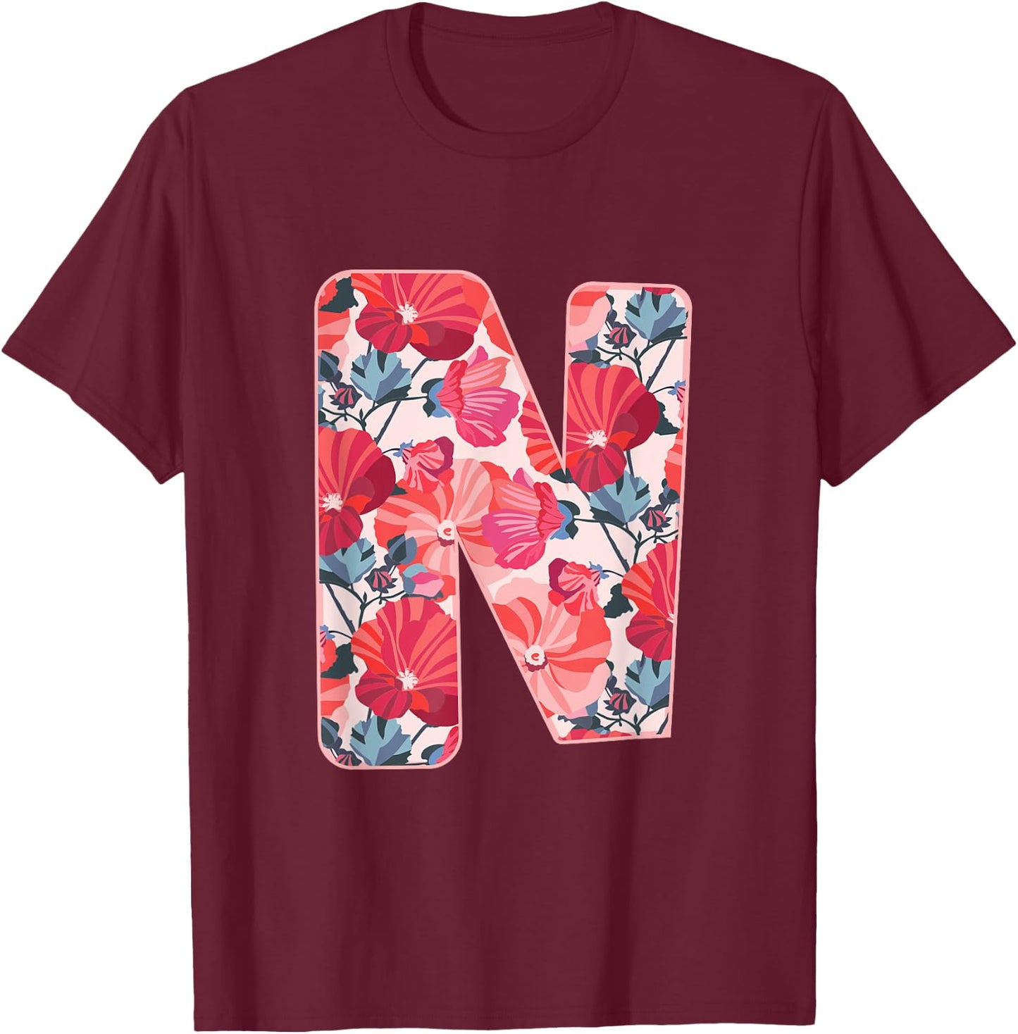Letter N Sign Alphabet Last Name Consonants Flower Gift T-Shirt - T-Shirt | Maroon