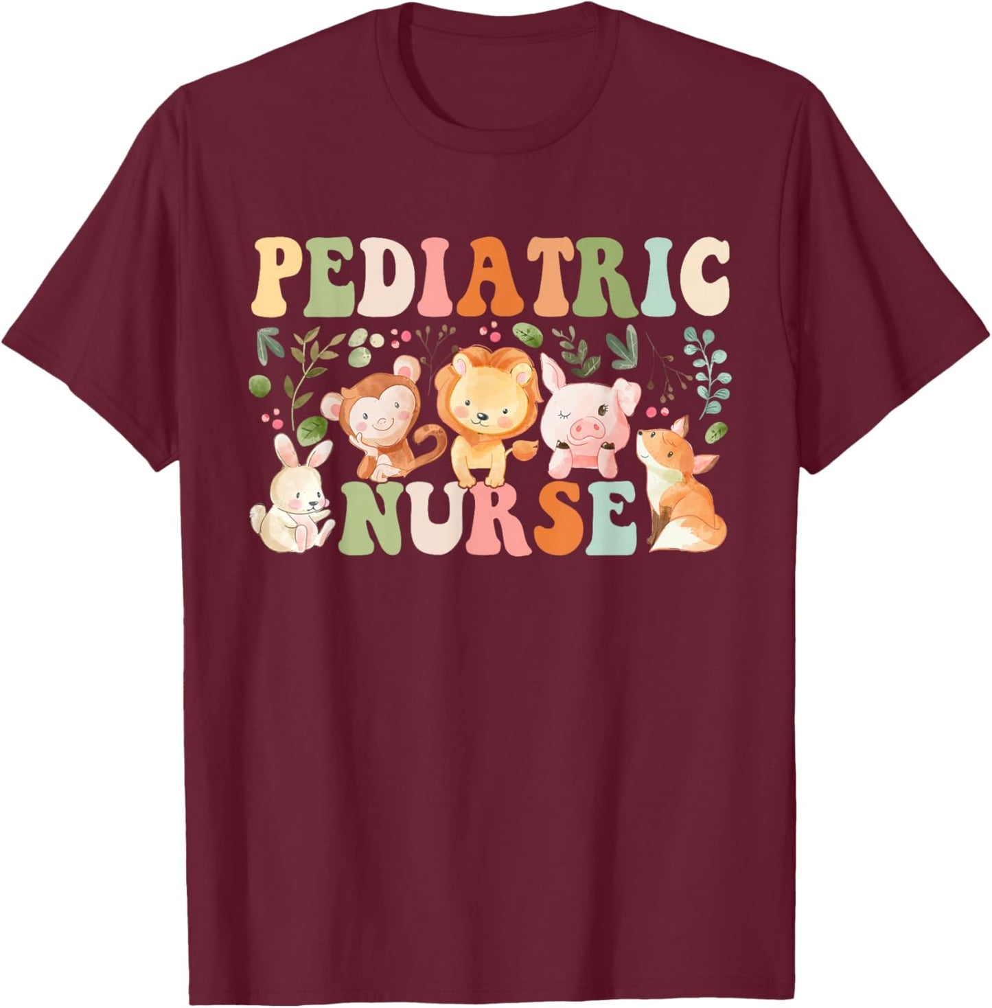 Pediatric Nurse Cute Zoo Animals PICU Registered Nurse T-Shirt - T-Shirt | Maroon