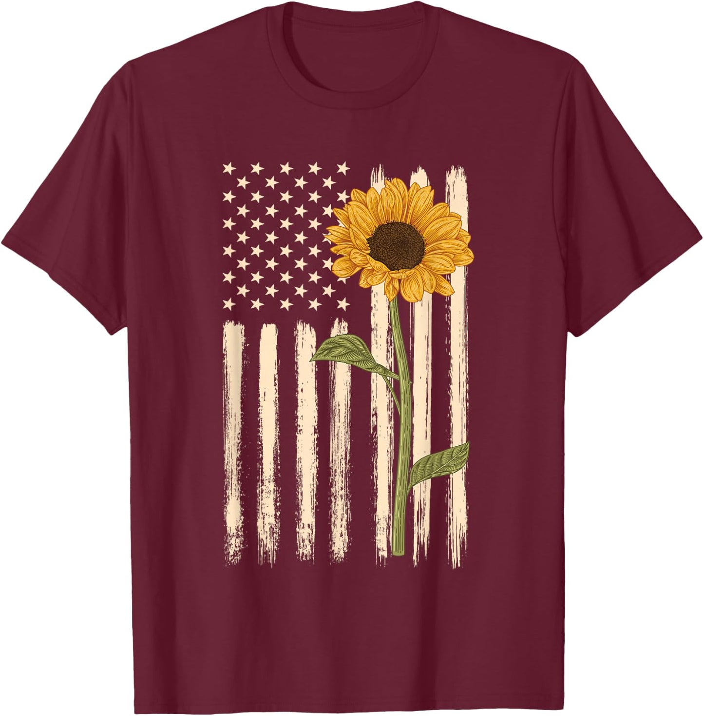 Patriotic American Flag Sunflower casual graphic T-Shirt - T-Shirt | Maroon