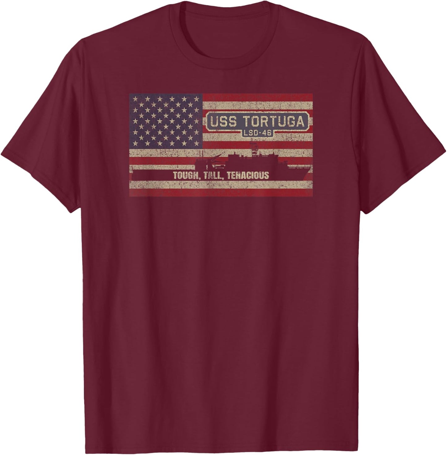 USS Tortuga LSD-46 Dock Landing Ship American Flag T-Shirt - T-Shirt | Maroon