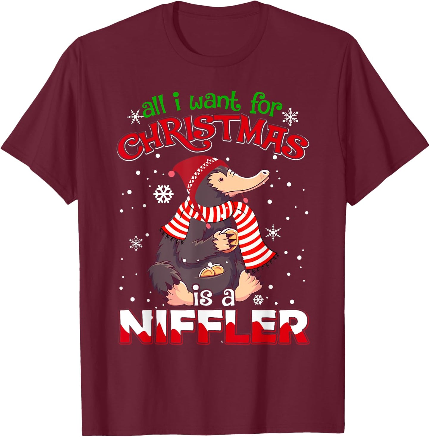 All I Want for Christmas is a Niffler Women Men Kids Xmas T-Shirt - T-Shirt | Maroon