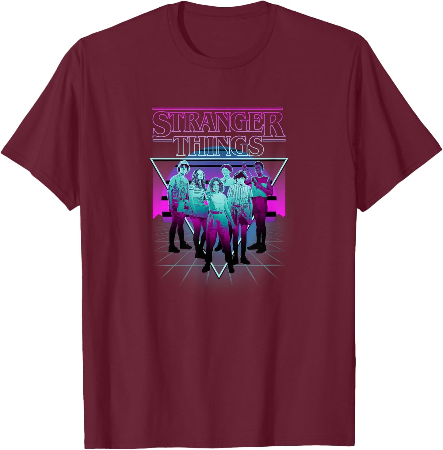 Stranger Things Group Shot Neon Triangle T-Shirt - T-Shirt | Maroon