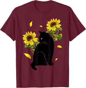 Cat Sunflower Christmas Tree Sun Flower Cat Lover Gift Men Women Kids T-Shirt - T-Shirt | Maroon