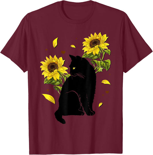 Cat Sunflower Christmas Tree Sun Flower Cat Lover Gift Men Women Kids T-Shirt - T-Shirt | Maroon