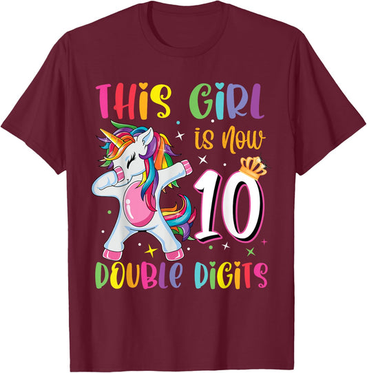 This Girl Is Now 10 Double Digits 10th Birthday Unicorn T-Shirt - T-Shirt | Maroon