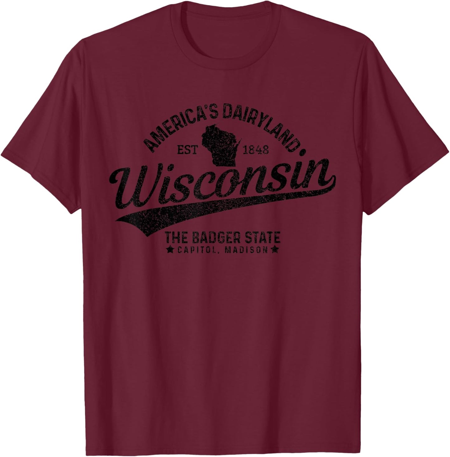 Wisconsin The Badger State EST 1848 State Map Gift T-Shirt - T-Shirt | Maroon