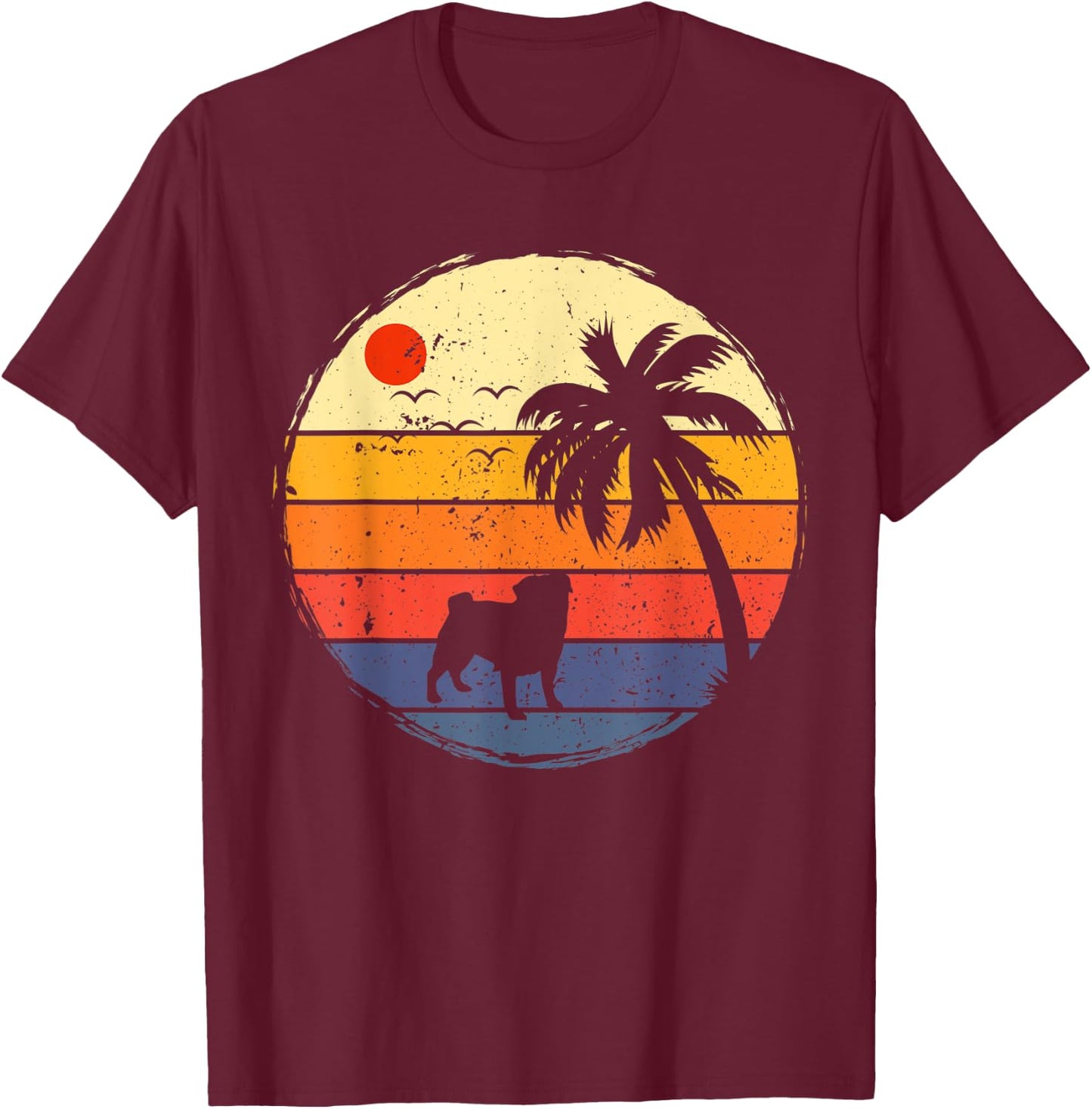 Retro Vintage Style Silhouette Pug Dog Animal Lovers Owners T-Shirt - T-Shirt | Maroon