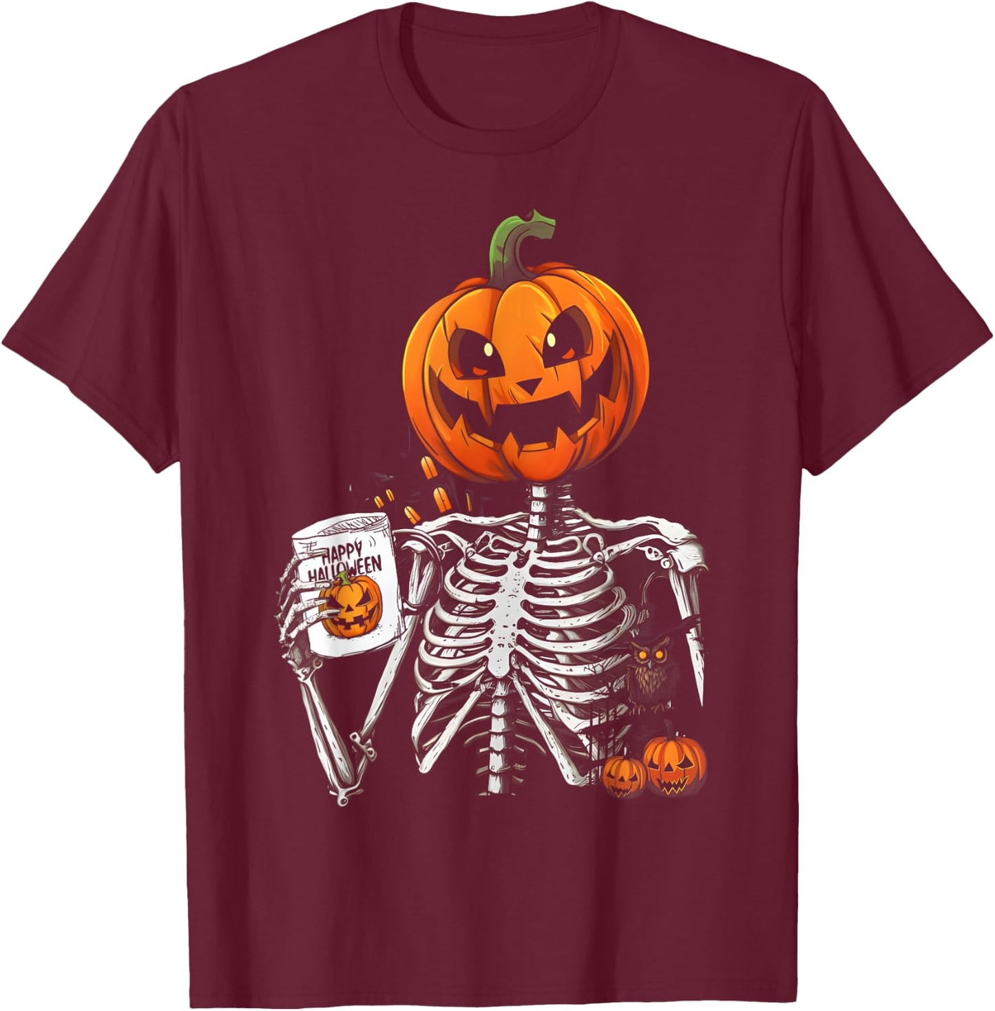 Coffee Drinking Skeleton Pumpkin Halloween Costume Women Men T-Shirt - T-Shirt | Maroon