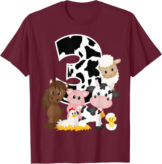 3rd Birthday Farm Theme Birthday Gift 3 Years Old Toddler Kids T-Shirt - T-Shirt | Maroon