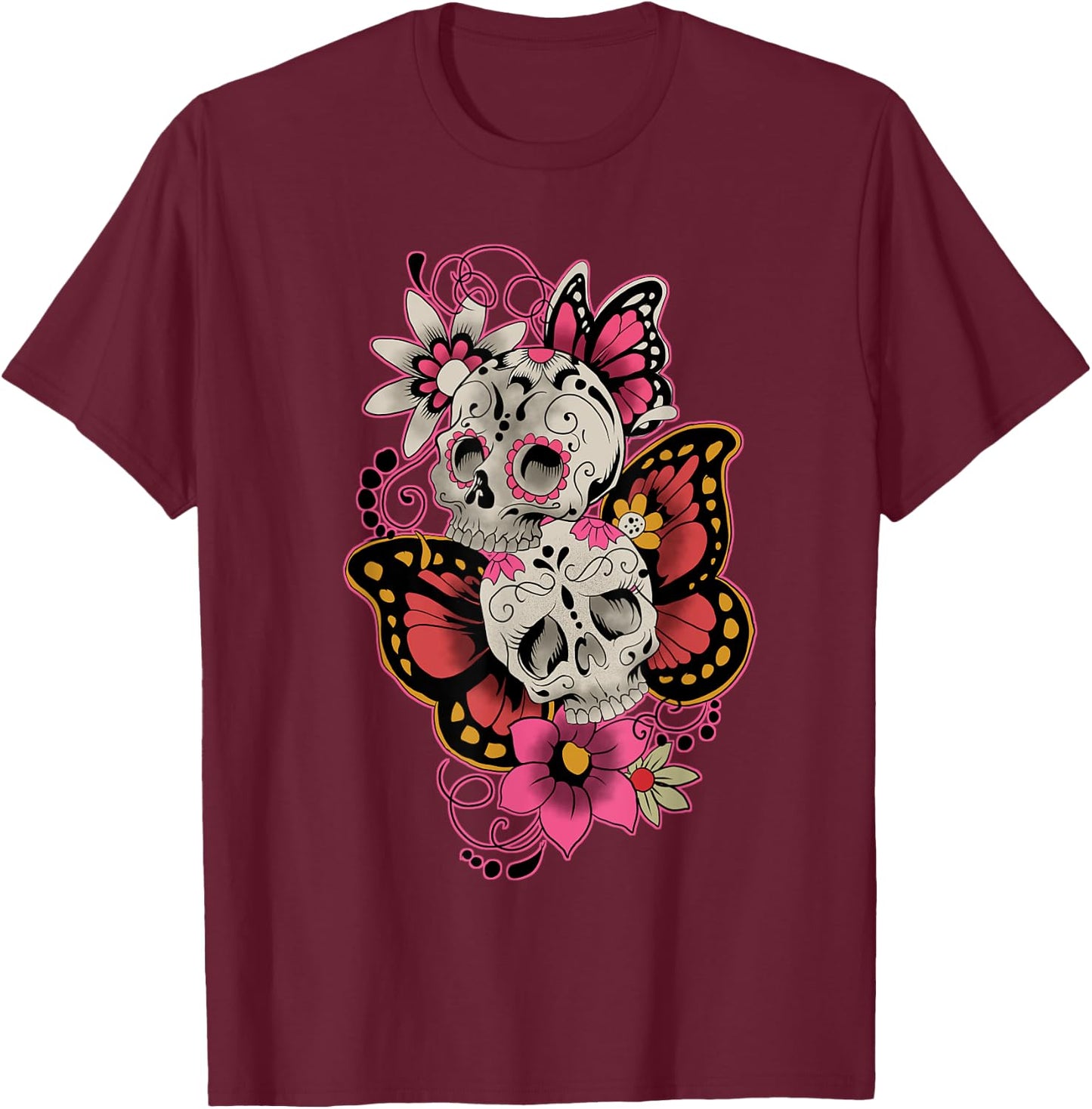 Sugar Skull Butterfly Flowers Day Of The Dead Men Women T-Shirt - T-Shirt | Maroon