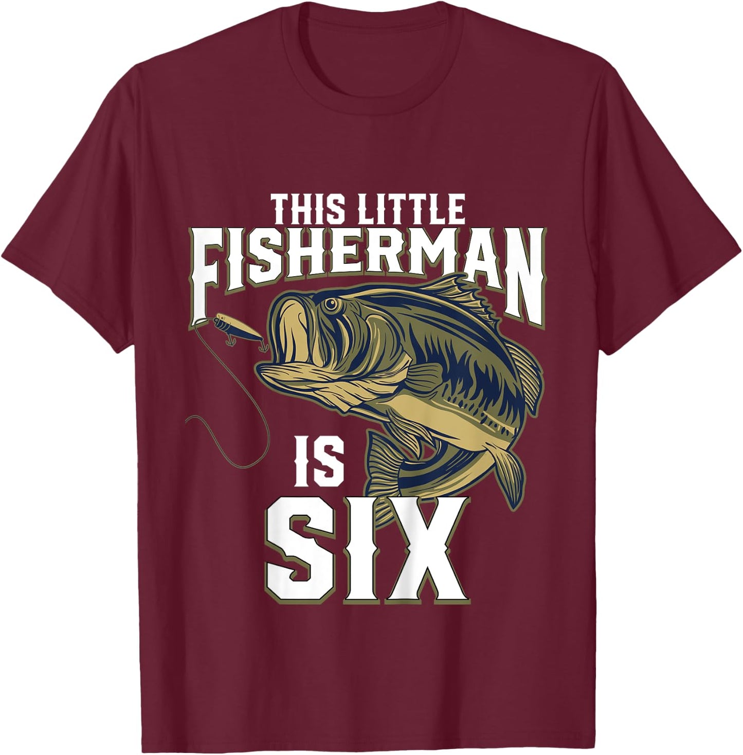Kids 6 Year Old Fishing Birthday Party Fisherman 6th Gift Boy T-Shirt - T-Shirt | Maroon