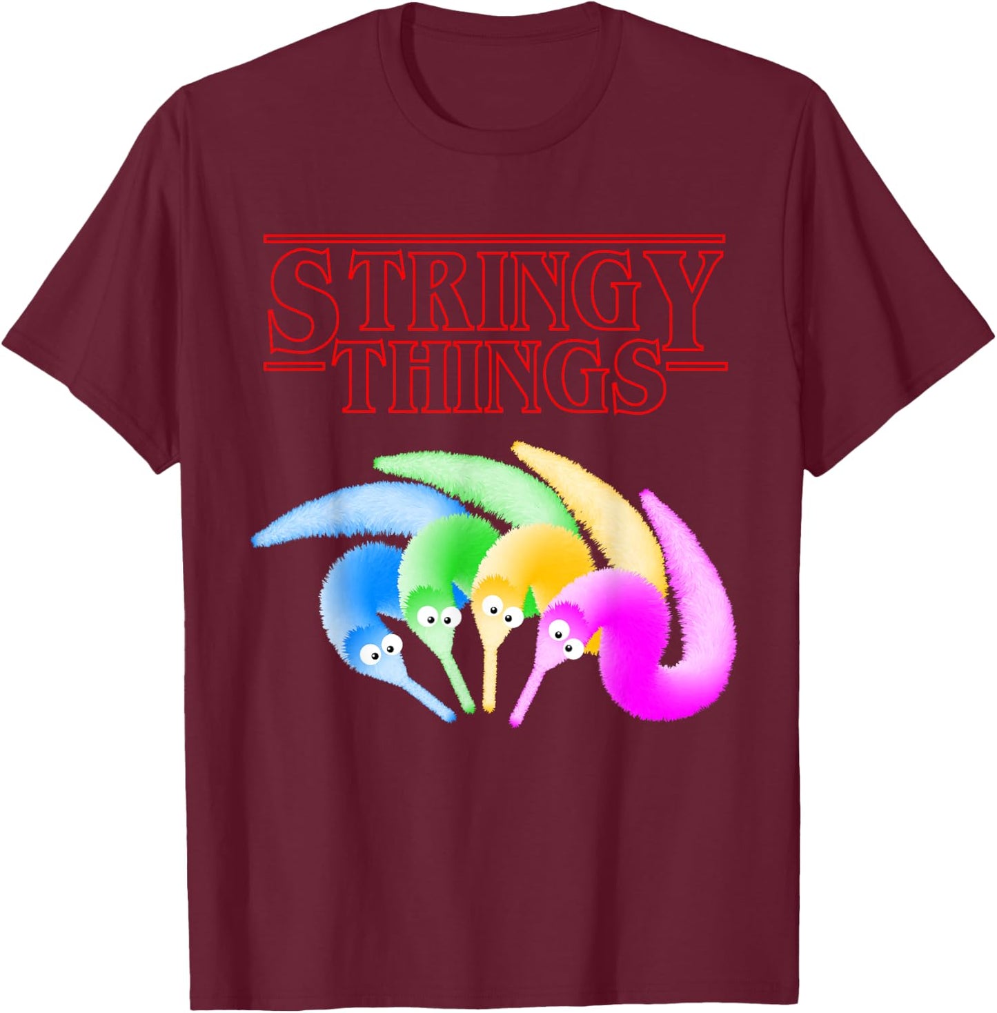 Stringy Things, Fuzzy Magic Worm on a String Meme T-Shirt - T-Shirt | Maroon
