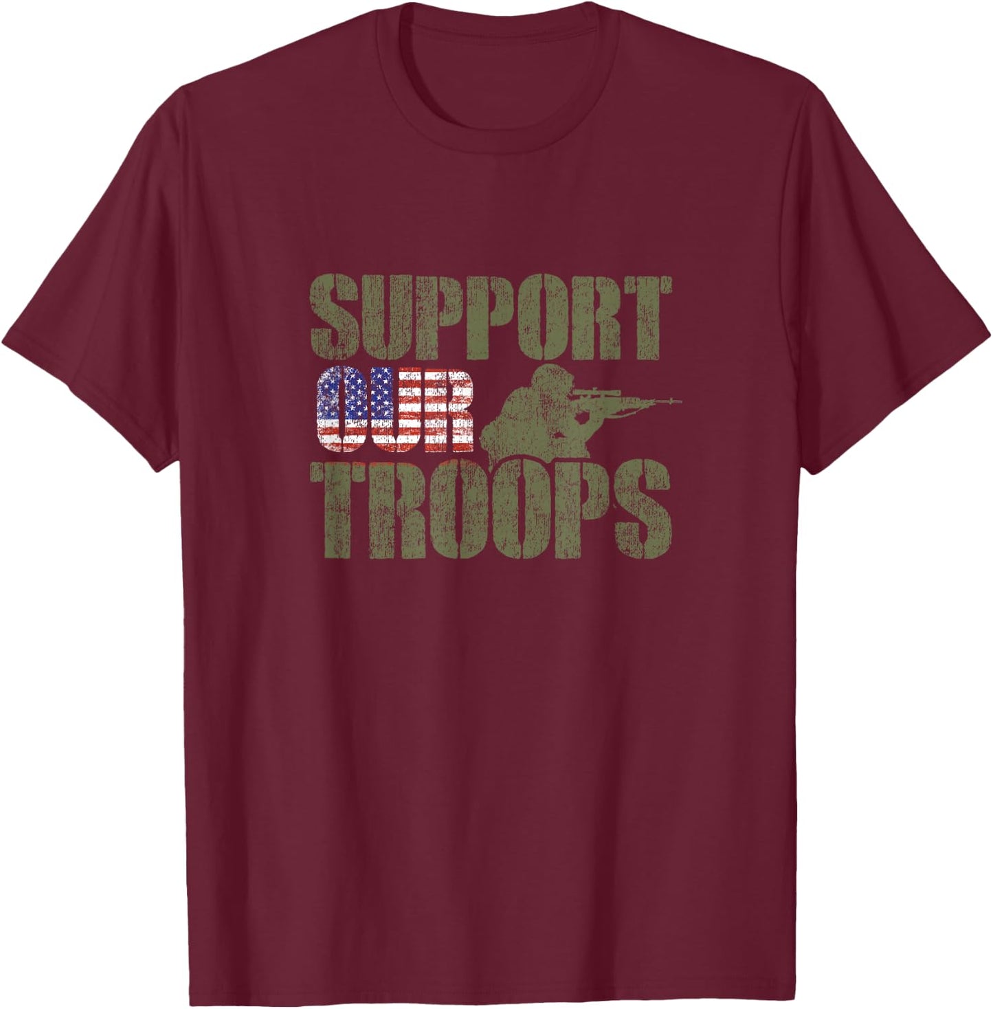 Vintage US Military Support Our Troops American Flag T-Shirt - T-Shirt | Maroon