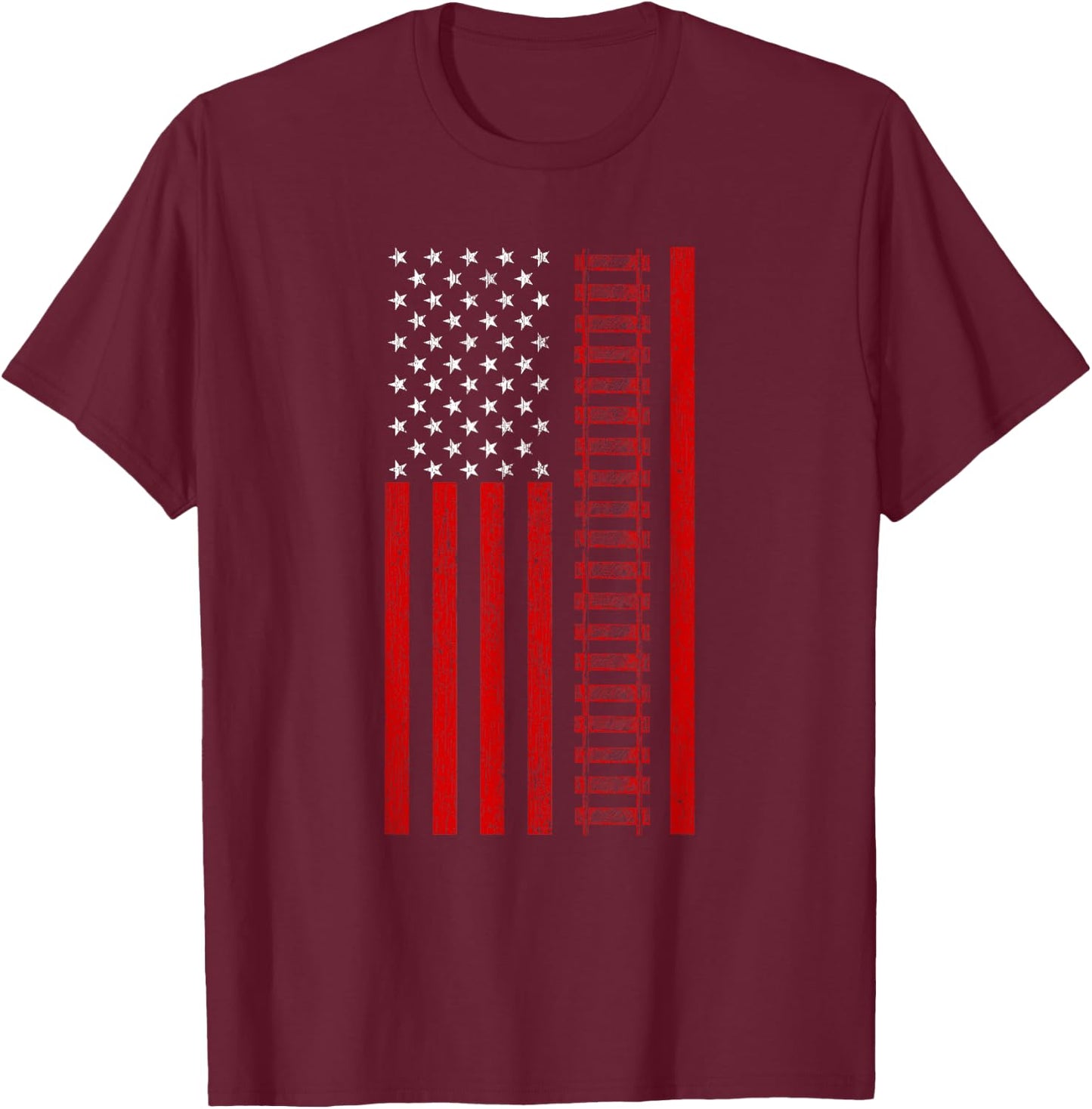 American Railroad Worker Flag With Train Tracks Distressed T-Shirt - T-Shirt | Maroon