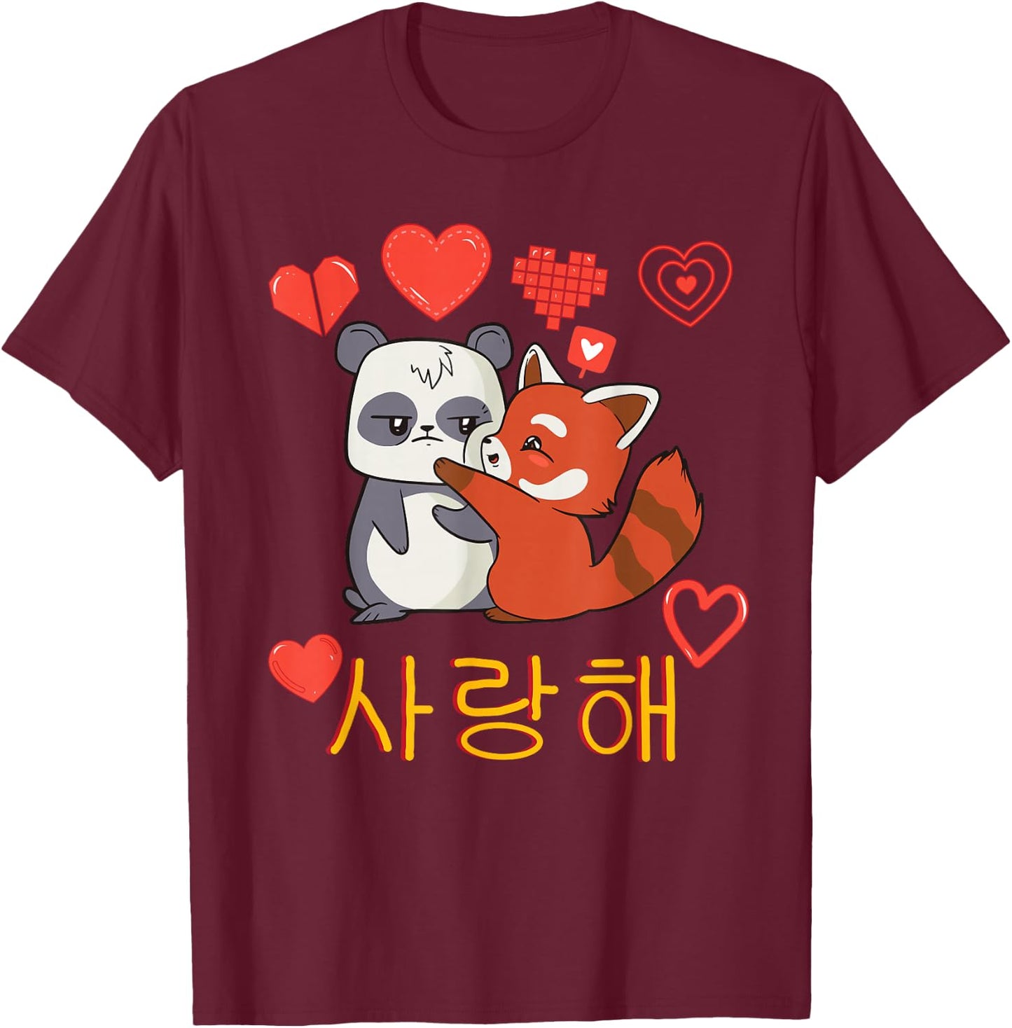 Kawaii - I Love You - Saranghae - K-POP - Korea Panda T-Shirt - T-Shirt | Maroon