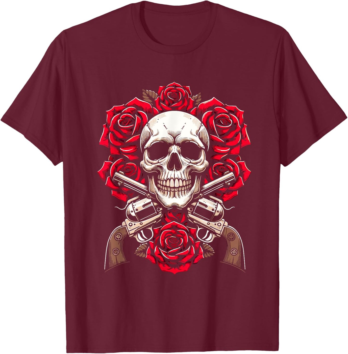 Guitar 80s Glam Rock - 1980s Skeleton Roses Skull Guns T-Shirt - T-Shirt | Maroon