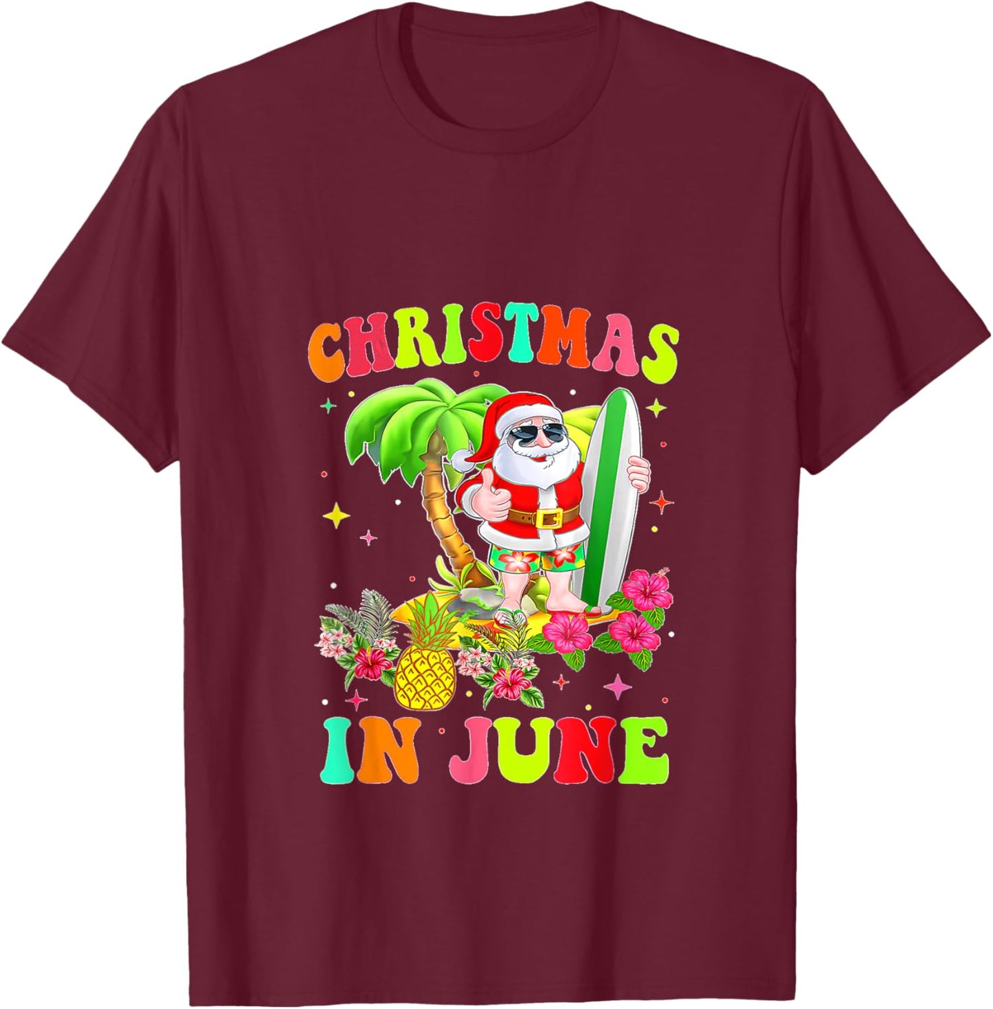 Christmas In June Funny Santa Flamingo Summer Vacation Women Kids T-Shirt - T-Shirt | Maroon