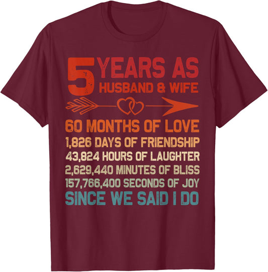 5 Years as Husband & Wife 5th Anniversary Gift Couple T-Shirt - T-Shirt | Maroon