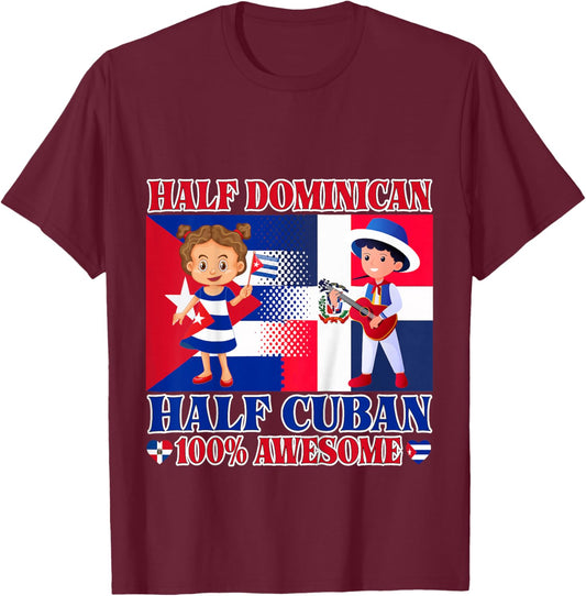 Half Cuban Half Dominican Republic Flag Toddler Girl Boy T-Shirt - T-Shirt | Maroon