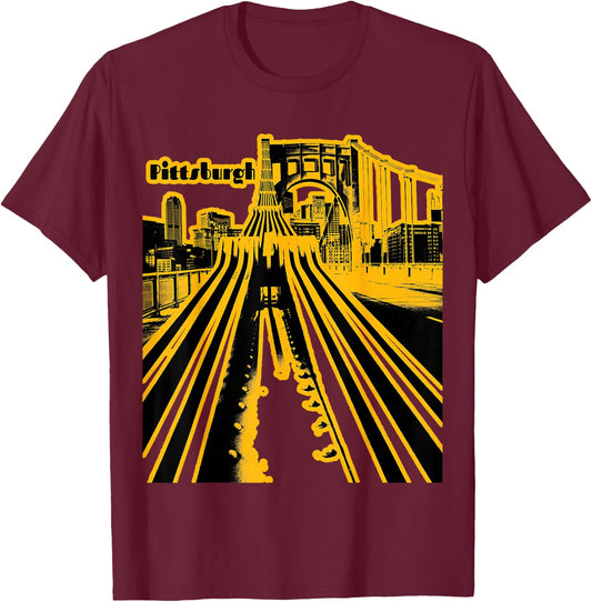 Pittsburgh Steel City Skyline Pennsylvania Bridge 412 Home T-Shirt - T-Shirt | Maroon