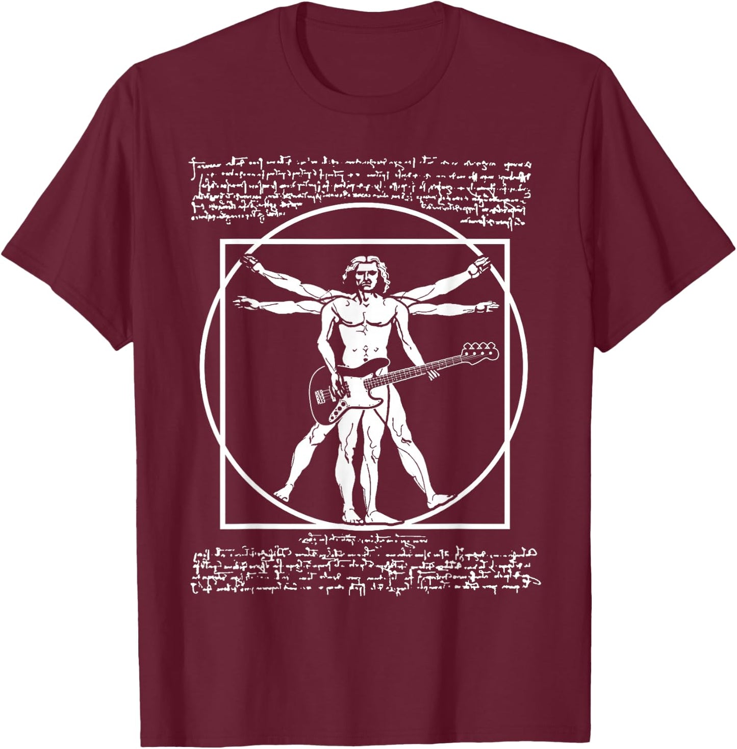Da Vinci Vitruvian Man Bass Guitar Player - Bass Guitarist T-Shirt - T-Shirt | Maroon