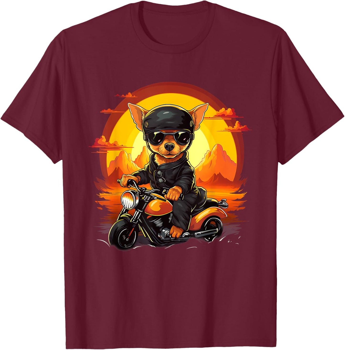 Biker Chiweenie Dog Riding Motorcycle Men Women Kids T-Shirt - T-Shirt | Maroon