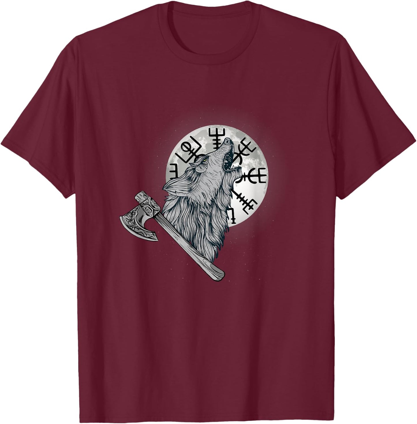 Wolf howls at the moon and Viking compass, Viking T-Shirt - T-Shirt | Maroon