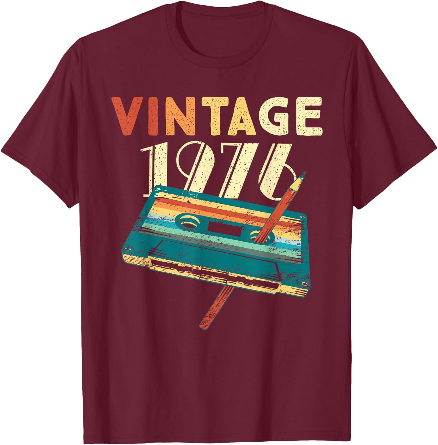 Vintage 1976 Music Cassette 49th Birthday Gifts 49 Years Old T-Shirt - T-Shirt | Maroon