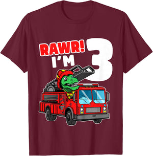 Kids Dinosaur Fire Truck 3rd Birthday Boy 3 T-Rex Firefighter T-Shirt - T-Shirt | Maroon
