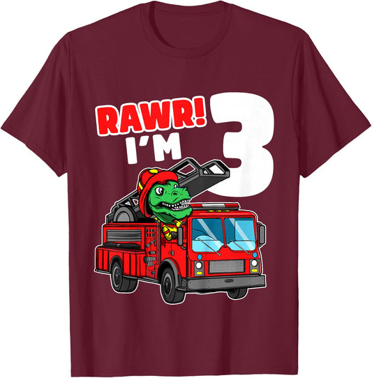Kids Dinosaur Fire Truck 3rd Birthday Boy 3 T-Rex Firefighter T-Shirt - T-Shirt | Maroon
