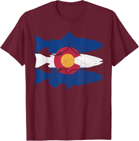 Colorado Fly Fishing Trout Salmon CO Flag Fisherman Gift T-Shirt - T-Shirt | Maroon