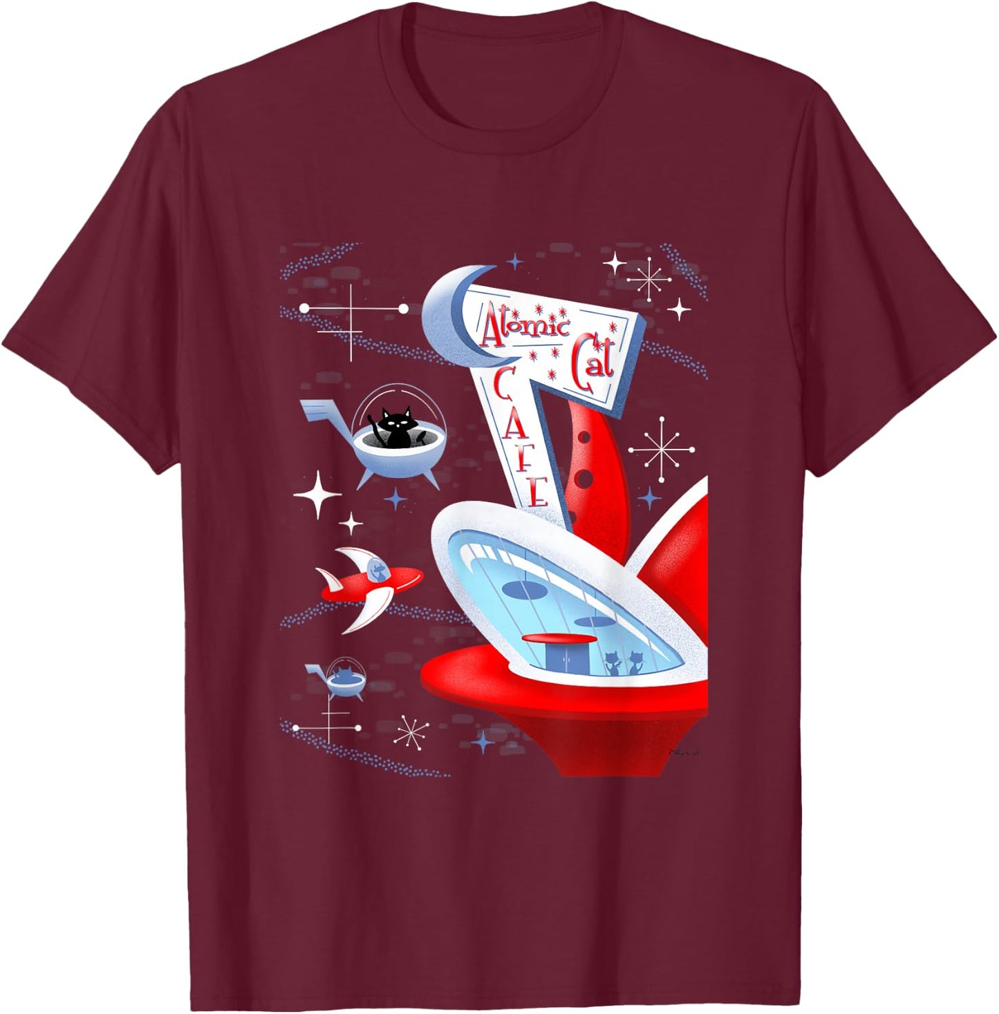 Funny Atomic Cat Cafe Retro Futuristic Spaceport Mid Century T-Shirt - T-Shirt | Maroon