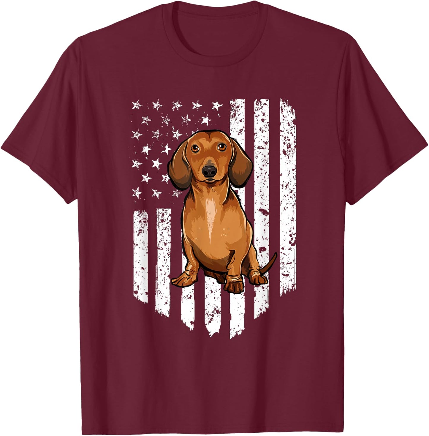 Black White American Flag Brown Dachshund 4th Of July USA T-Shirt - T-Shirt | Maroon