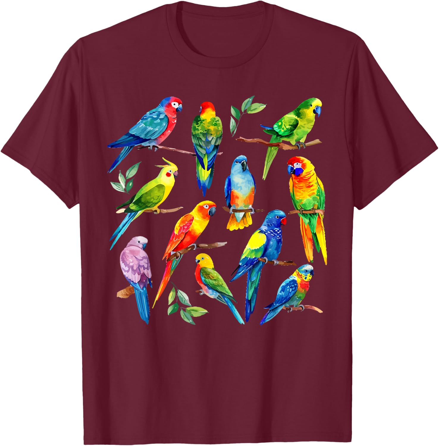 Colorful Parrot Watercolor T-Shirt - T-Shirt | Maroon
