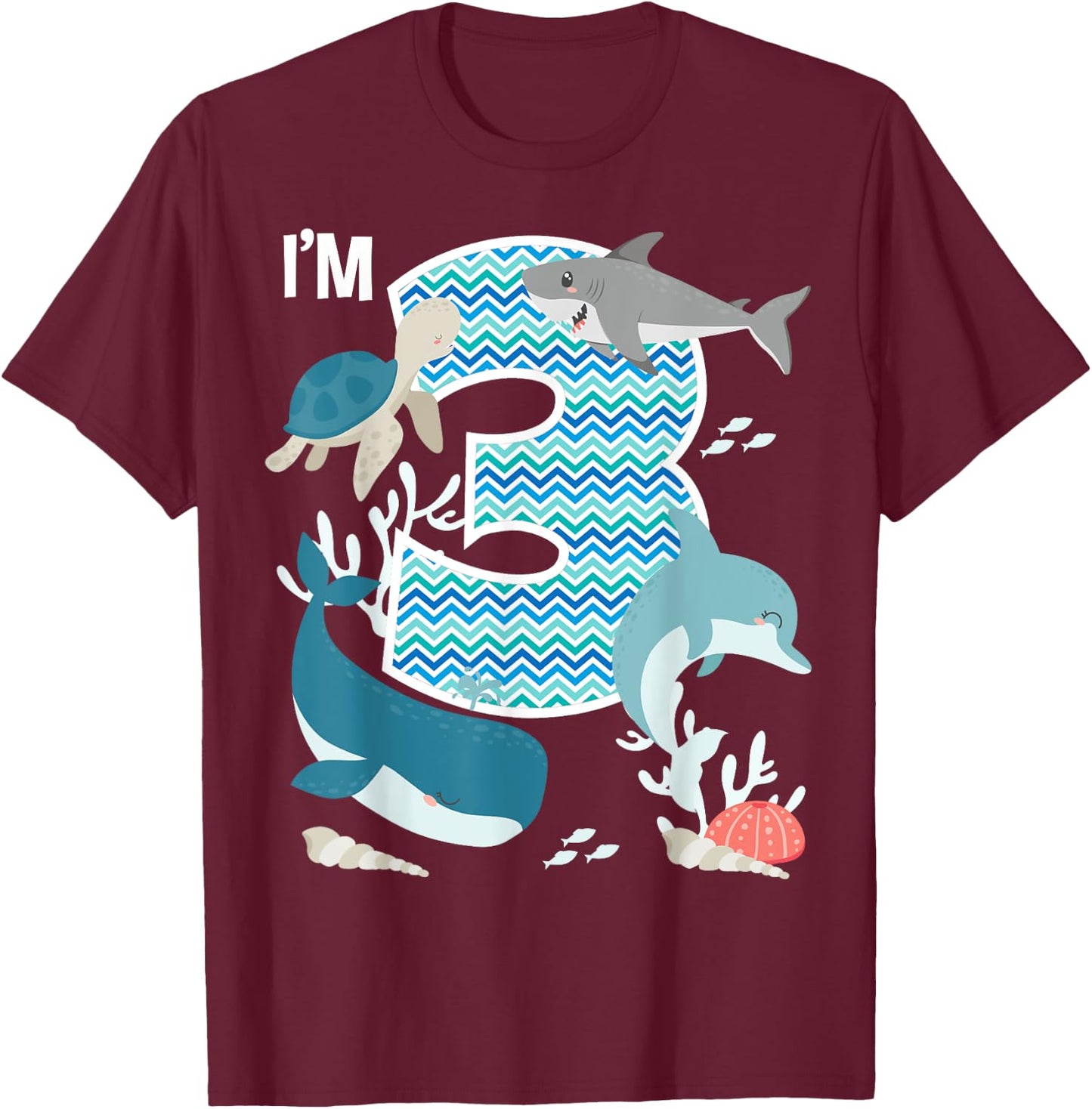 Kids 3 Year Old Ocean Life Whale Dolphin Shark 3rd Birthday T-Shirt - T-Shirt | Maroon