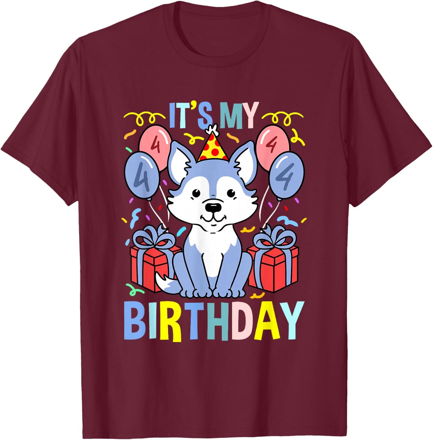 Its My 4th Birthday Wolf T-Shirt - T-Shirt | Maroon