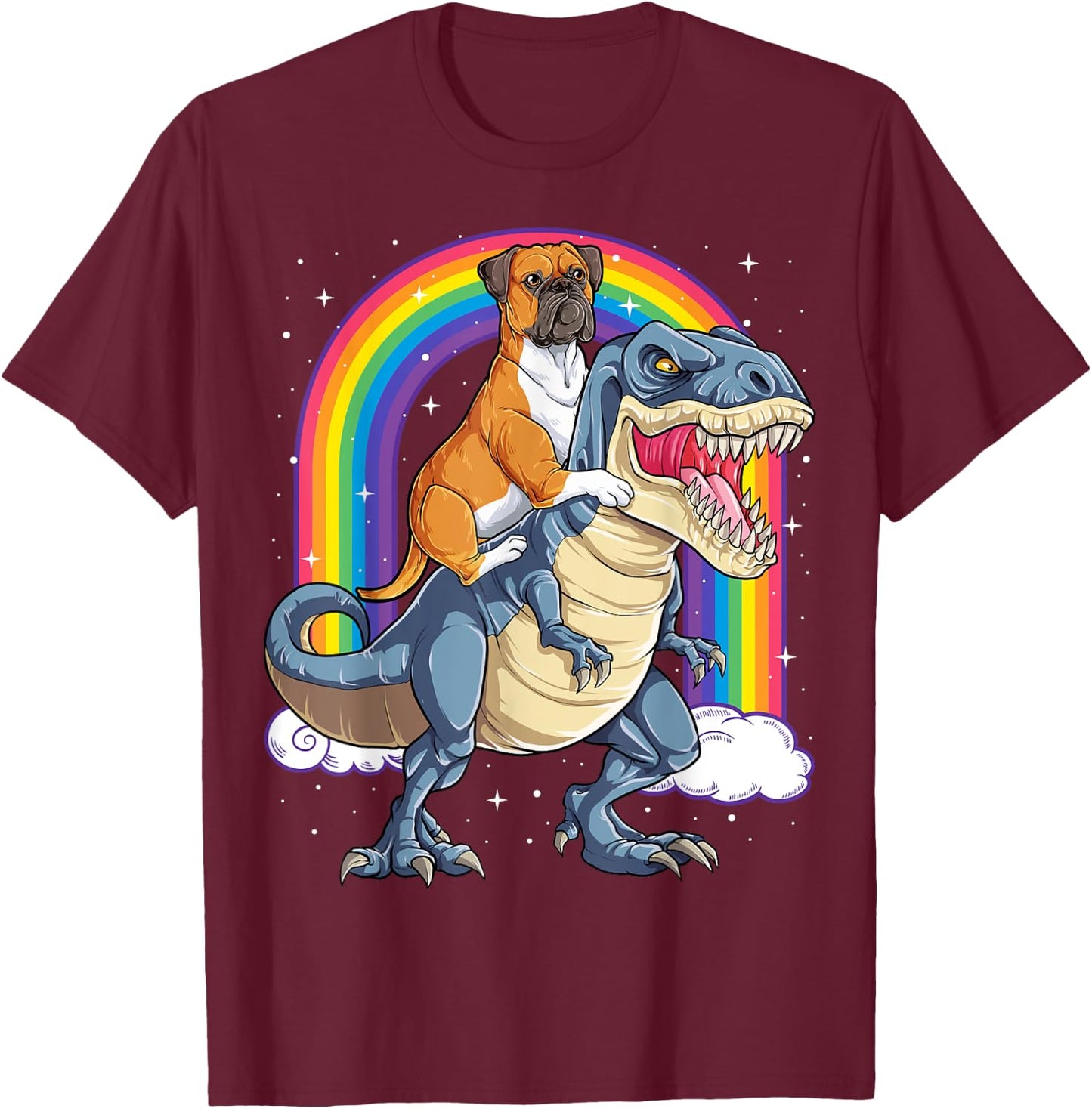 Boxer Riding Dinosaur T-rex Gift Dog Lover Boys Kids Rainbow T-Shirt - T-Shirt | Maroon