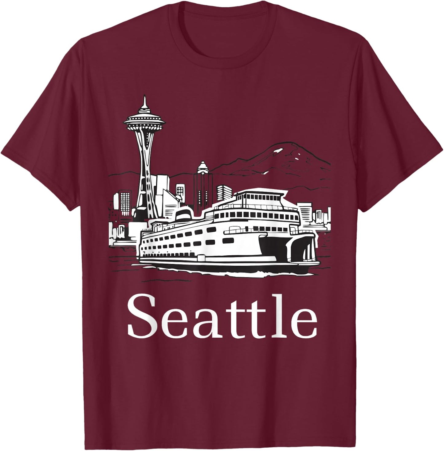 Seattle Skyline Island Ferry T-Shirt - T-Shirt | Maroon
