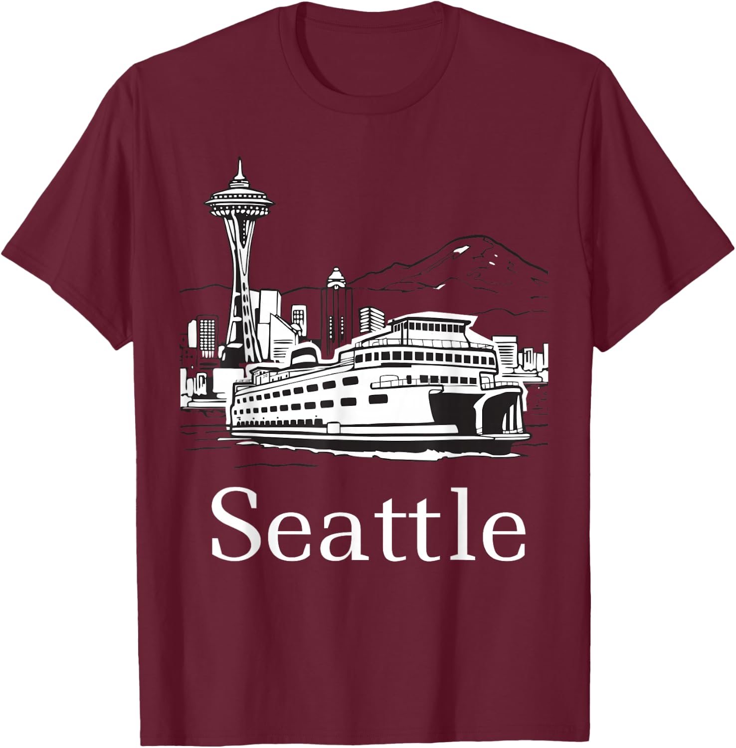 Seattle Skyline Island Ferry T-Shirt - T-Shirt | Maroon